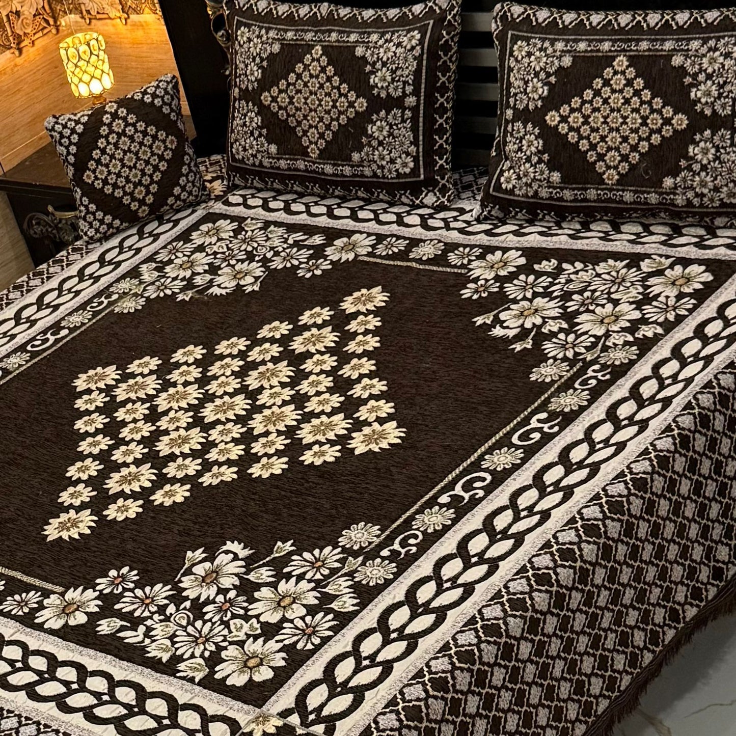 4Pc King Size Velvet Jacquard Bedsheet Set – Premium Floral Design with Cushion Cover (Available in 70+ Designs & Colors)-Hut