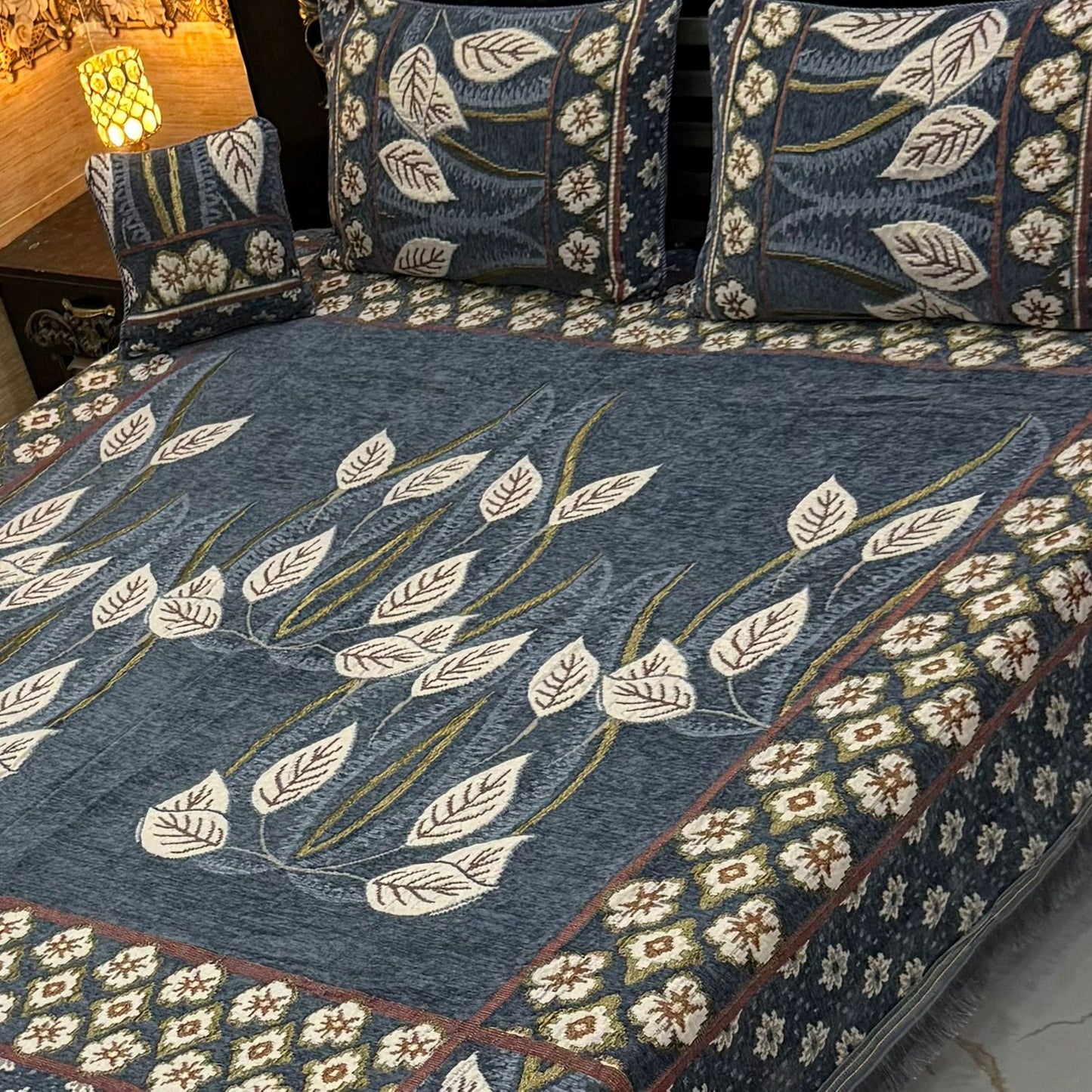 4Pc King Size Velvet Jacquard Bedsheet Set – Premium Floral Design with Cushion Cover (Available in 70+ Designs & Colors)-Hut