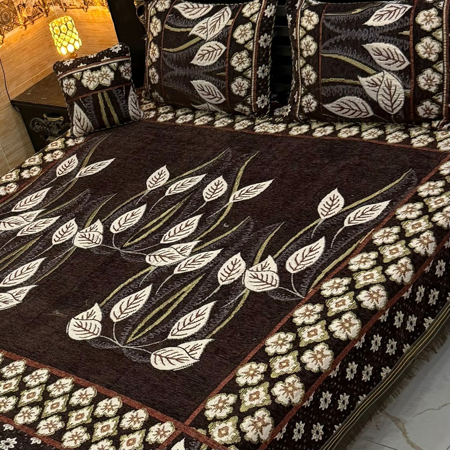 4Pc King Size Velvet Jacquard Bedsheet Set – Premium Floral Design with Cushion Cover (Available in 70+ Designs & Colors)-Hut