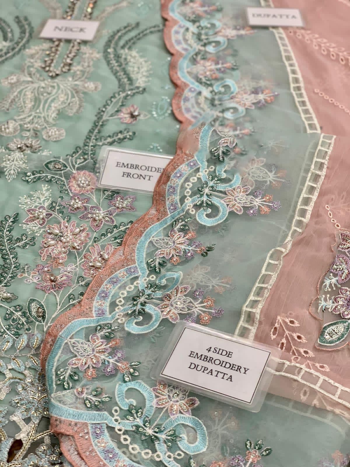 💫 Pastel Green & Pink Chiffon Embroidered Ensemble – MBL-MPC_23_104 V