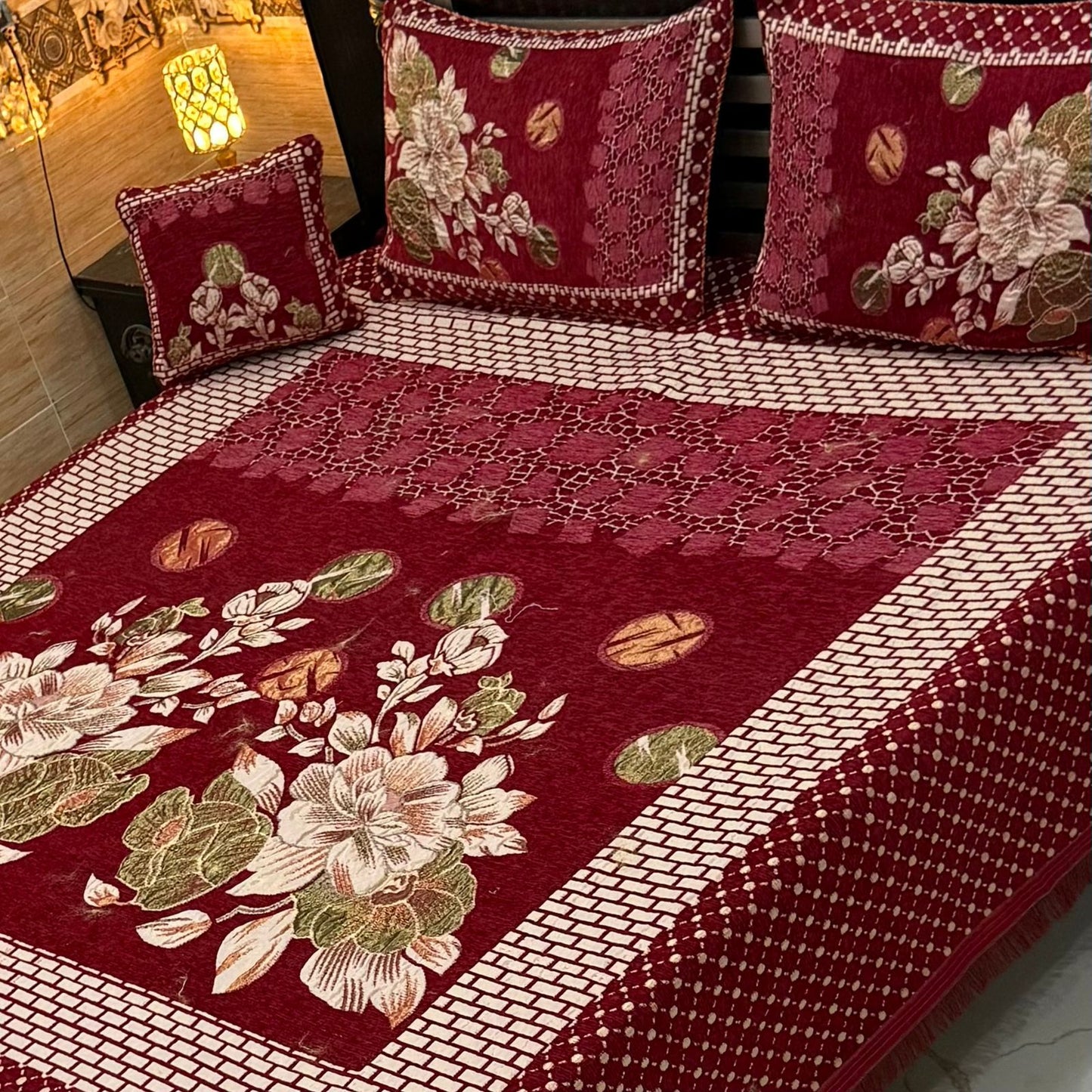 4Pc King Size Velvet Jacquard Bedsheet Set – Premium Floral Design with Cushion Cover (Available in 70+ Designs & Colors)-Hut