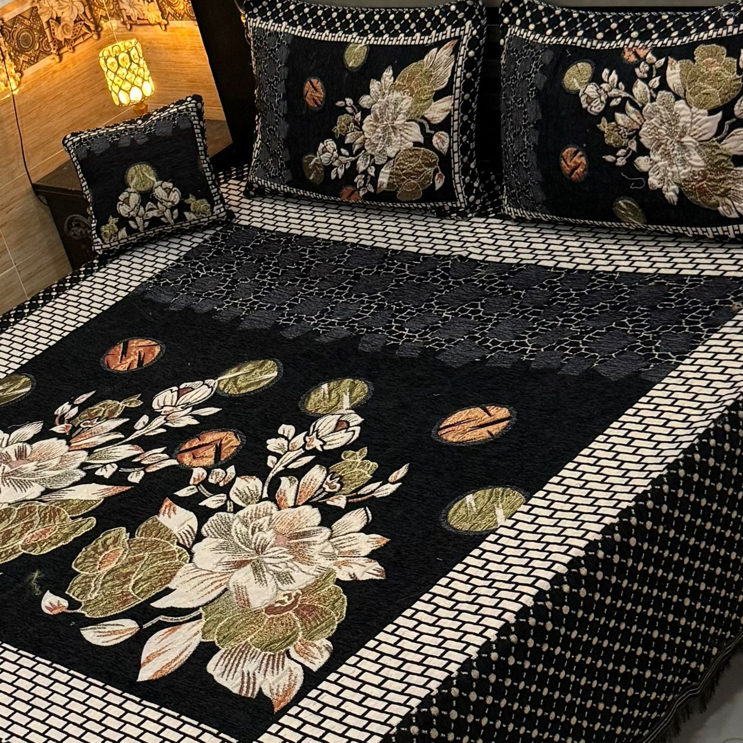 4Pc King Size Velvet Jacquard Bedsheet Set – Premium Floral Design with Cushion Cover (Available in 70+ Designs & Colors)-Hut