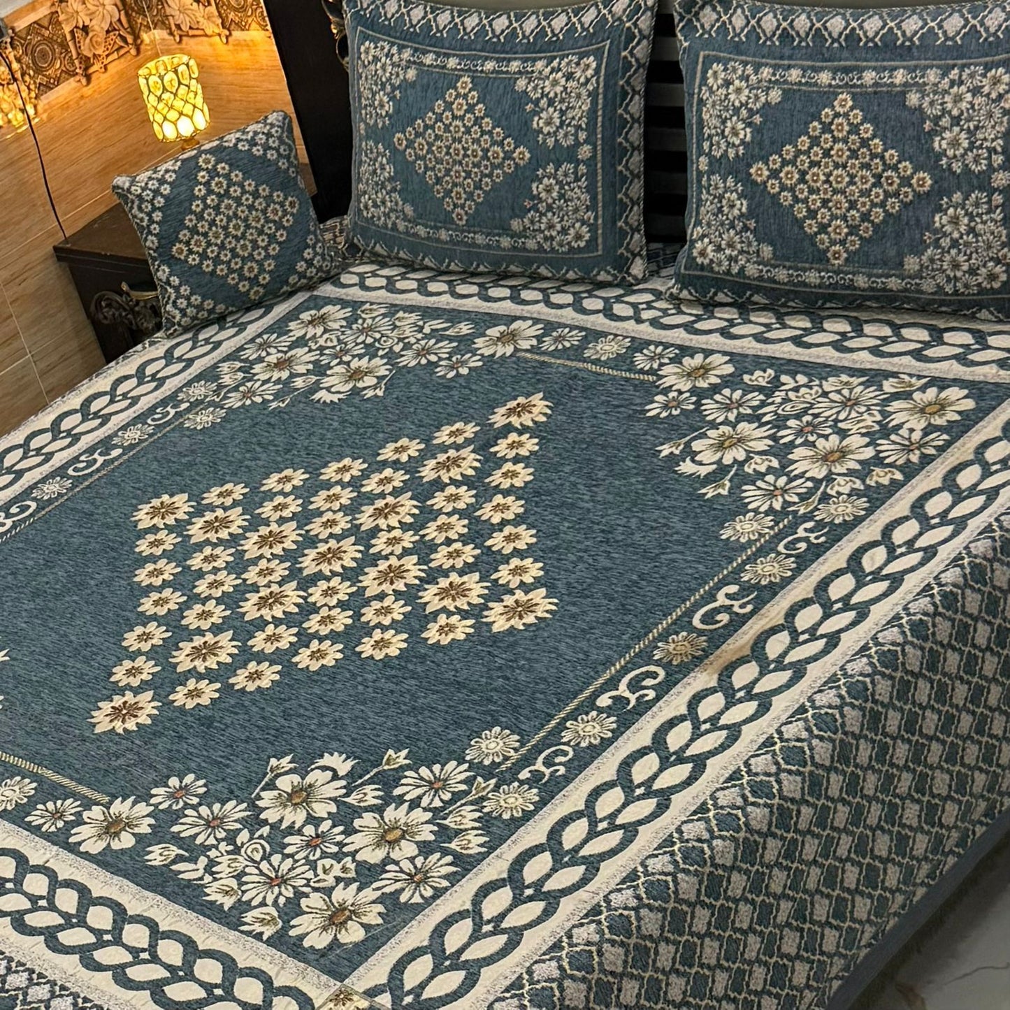 4Pc King Size Velvet Jacquard Bedsheet Set – Premium Floral Design with Cushion Cover (Available in 70+ Designs & Colors)-Hut