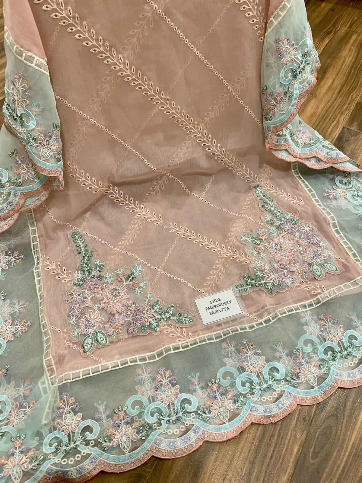 💫 Pastel Green & Pink Chiffon Embroidered Ensemble – MBL-MPC_23_104 V