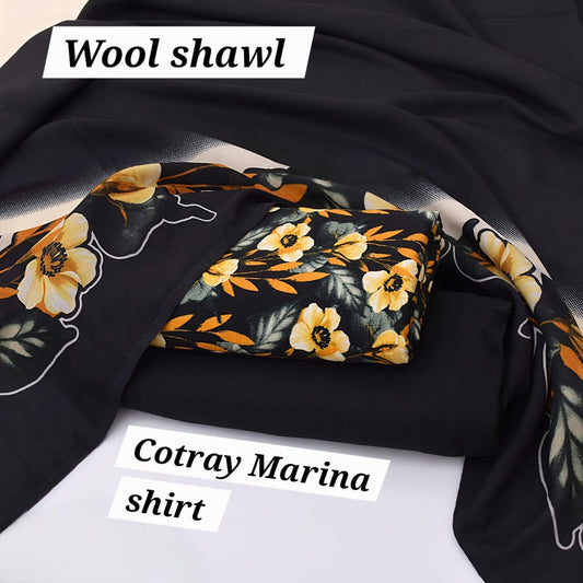 Cotray Marina 3-piece suit with printed shirt, plain trouser, and floral wool shawl. Displayed in black and yellow design. Available in 31 colors.