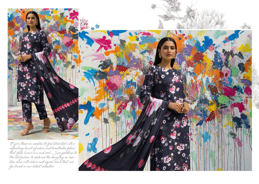 Bana Dora Allover BDA-09 – Dark Floral Linen Suit with Flowing Dupatta & Artistic Grace