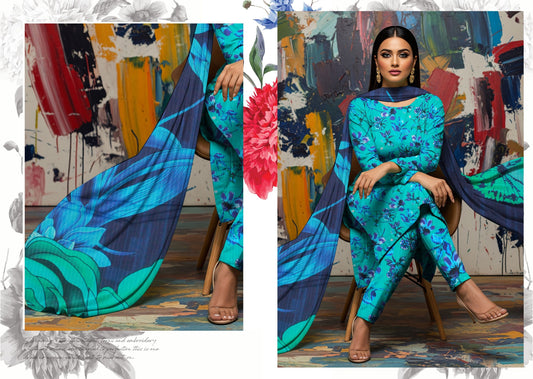 Bana Dora Allover BDA-03 – Turquoise Floral Linen Suit with Artistic Elegance