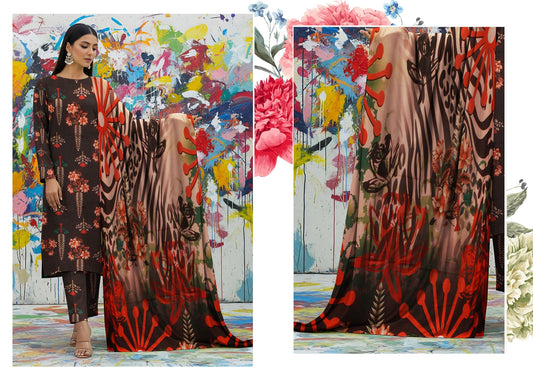 Bana Dora Allover BDA-10 – Dark Abstract Floral Linen Suit with Flowing Dupatta & Bold Expression